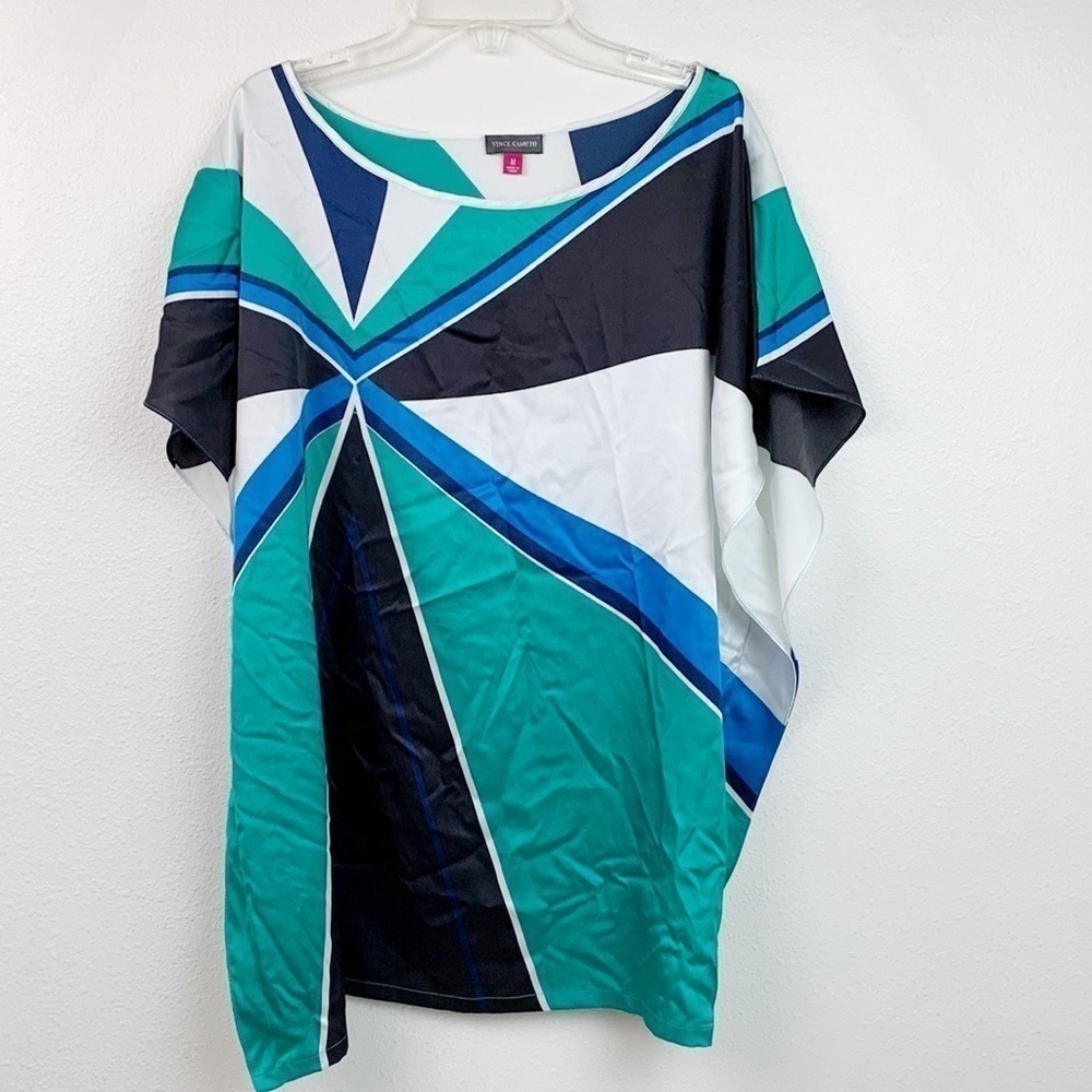 Vince Camuto silky satin modern color block kaftan relaxed tunic blouse EUC